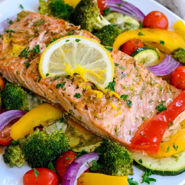 Enjoy a delicious Salmon Sheet Pan Bake, a healthy dinner option with fresh herbs and tender vegetables.