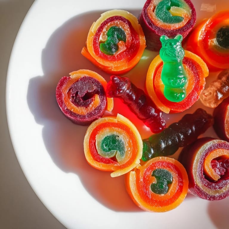 Close-up of a plate of homemade Rainbow Candy Roll Ups; the fruity snack is vibrant, sweet, and fun for all ages.