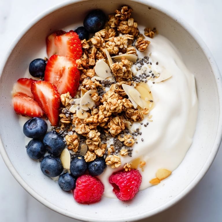 This vibrant dry yogurt bowl features a beautiful arrangement of fruit and protein-packed ingredients.