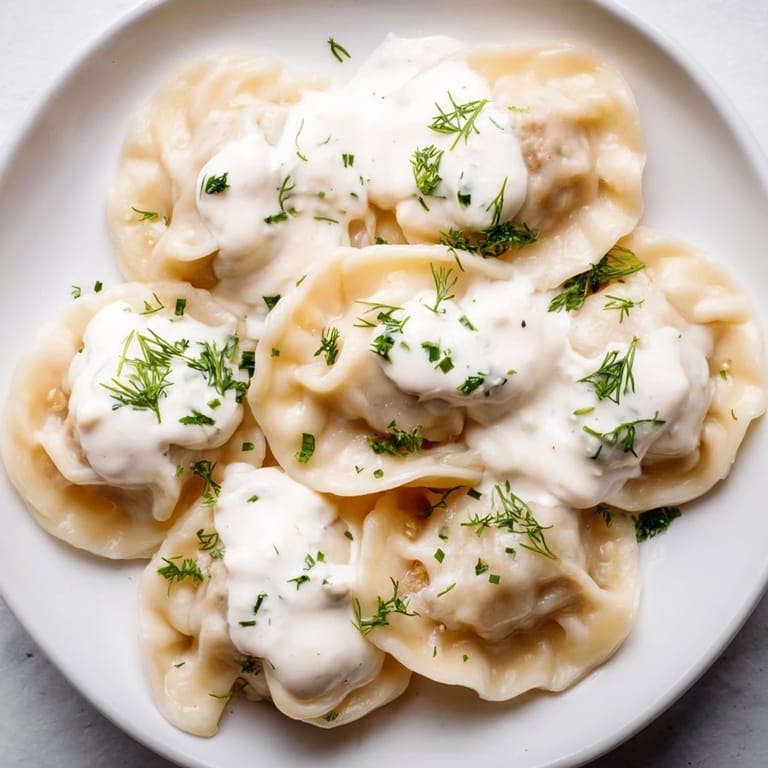 Golden, tender Russian Pelmeni, a comforting bowl of dumplings with a swirl of sour cream.