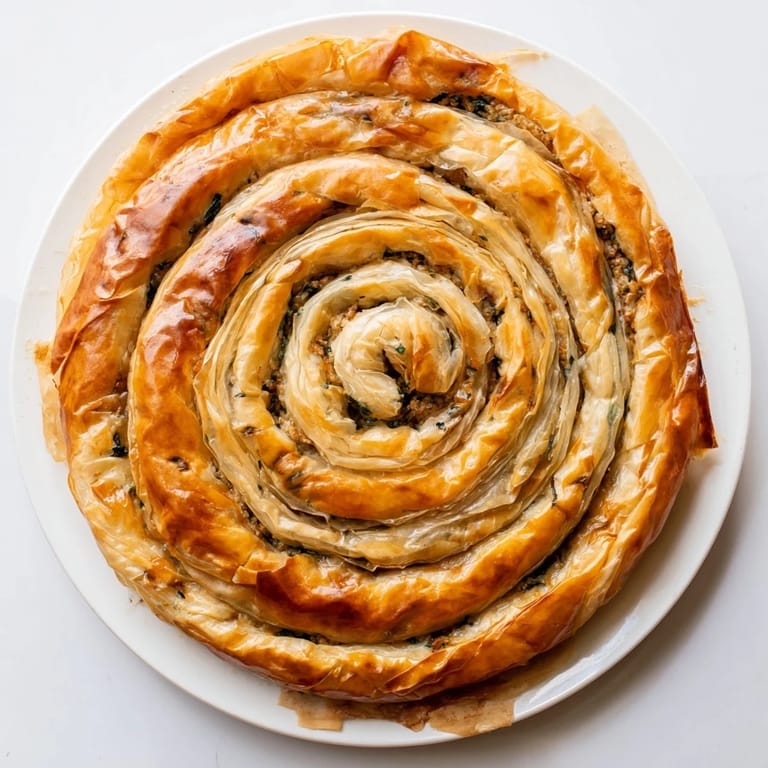 Freshly baked Bosnian Burek, a comforting Balkan pastry with a perfectly crisp, buttery crust.