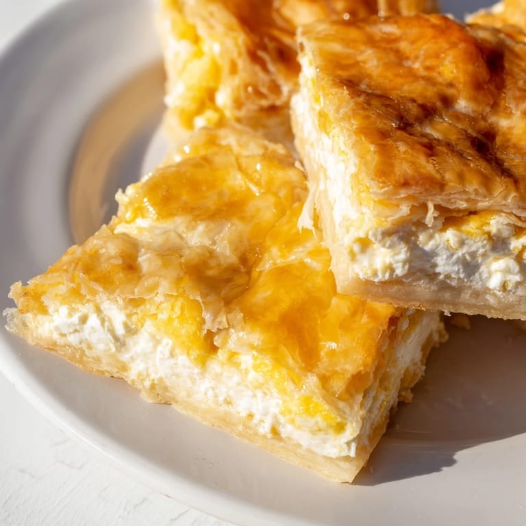 A close-up of a rustic Serbian Gibanica, showcasing its flaky phyllo crust and cheesy filling.