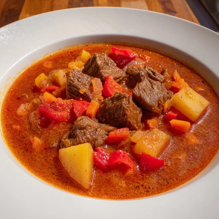 A steaming bowl of Hungarian Goulash stew, a hearty meal filled with tender beef and vegetables, ready to eat.