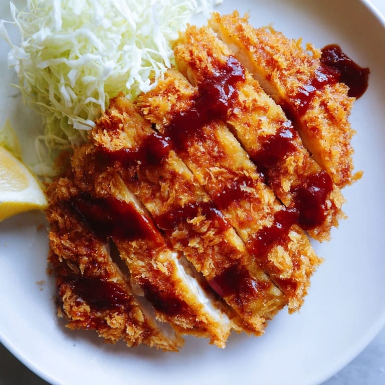 Freshly fried Chicken Katsu Crispy Cutlet served with tonkatsu sauce, shredded cabbage, and steamed rice.
