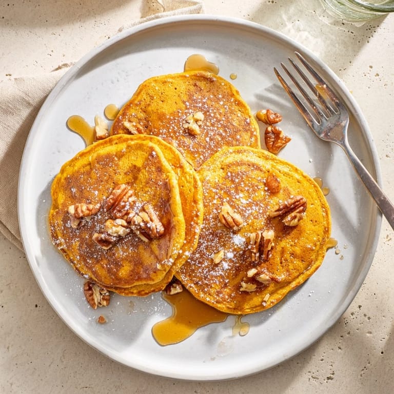 Freshly made Pumpkin Spice Pancakes served on a rustic plate with a side of maple syrup and chopped pecans.