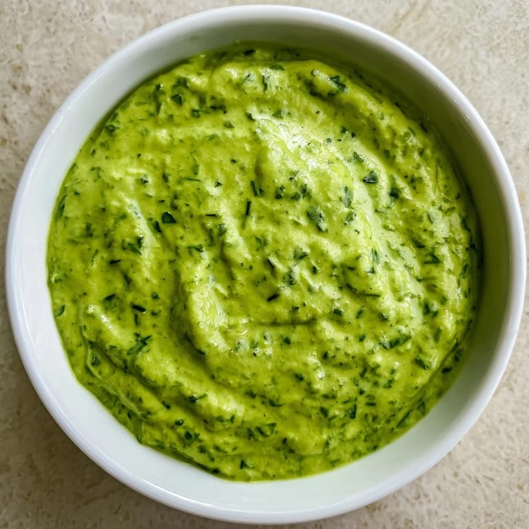 A bowl of emerald green goddess dressing surrounded by crisp crudités and crusty bread, ideal for dipping.