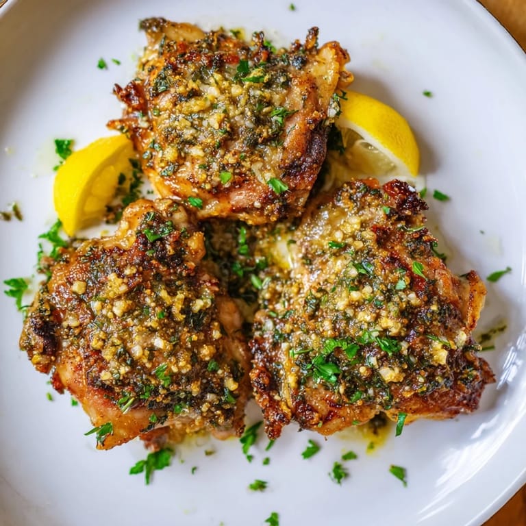 Tender Garlic Butter Chicken Thighs roasted with aromatic herbs and buttery drippings, perfect over creamy mashed potatoes or roasted veggies.