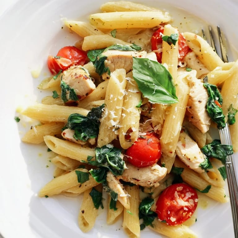 Lemon herb pasta chicken served in a white bowl, topped with extra Parmesan and wilted spinach.
