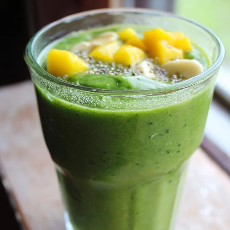 Bright, refreshing Spinach-Hidden Smoothie in a tall glass with a colorful fruit garnish on the rim.