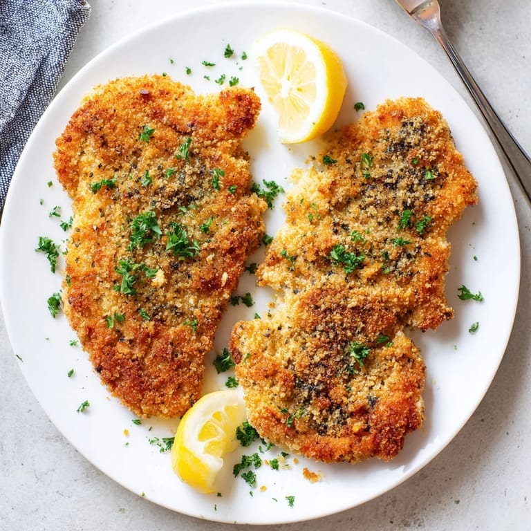A close-up of Crispy Parmesan Chicken Cutlets shows the crunchy, cheesy breadcrumb coating and tender, juicy interior ready to be served.