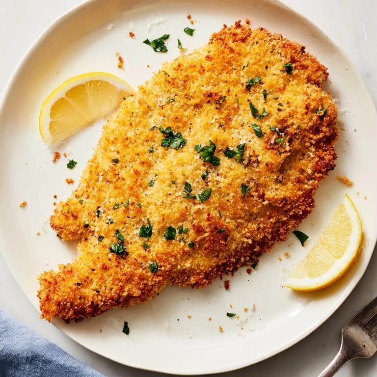 Freshly fried Crispy Parmesan Chicken Cutlets with a side salad, highlighting the golden crust and vibrant green garnish for a balanced meal.