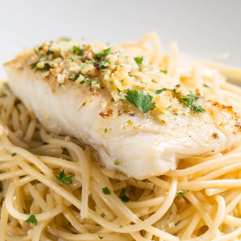 Flaky grilled sea bass resting on lemony pasta, finished with herbs and a drizzle of olive oil on a rustic plate.