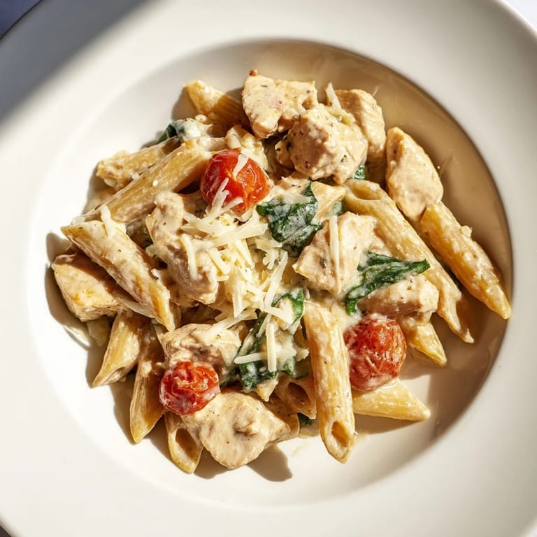 A close-up of Greek Yogurt Chicken Pasta reveals al dente noodles coated in a rich, creamy white sauce, garnished with fresh basil and Parmesan.