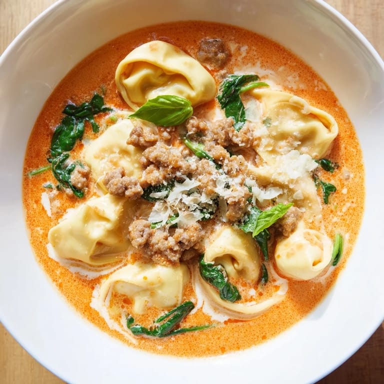 Hearty Tuscan Tortellini Soup simmering with Italian sausage, fresh spinach, and a rich tomato cream broth.