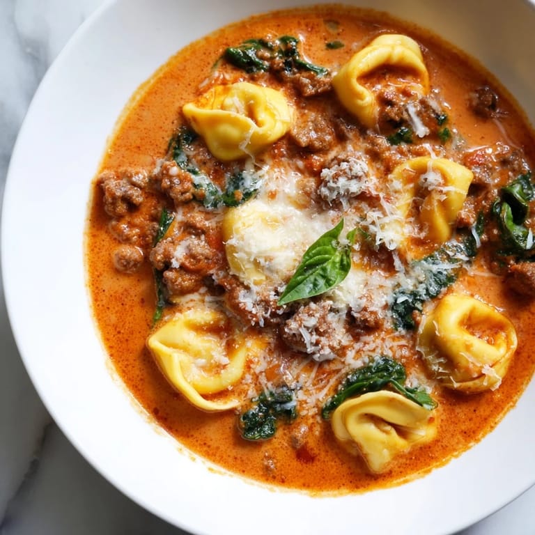 A cozy bowl of Tuscan Tortellini Soup, garnished with Parmesan and herbs, served with crusty bread.