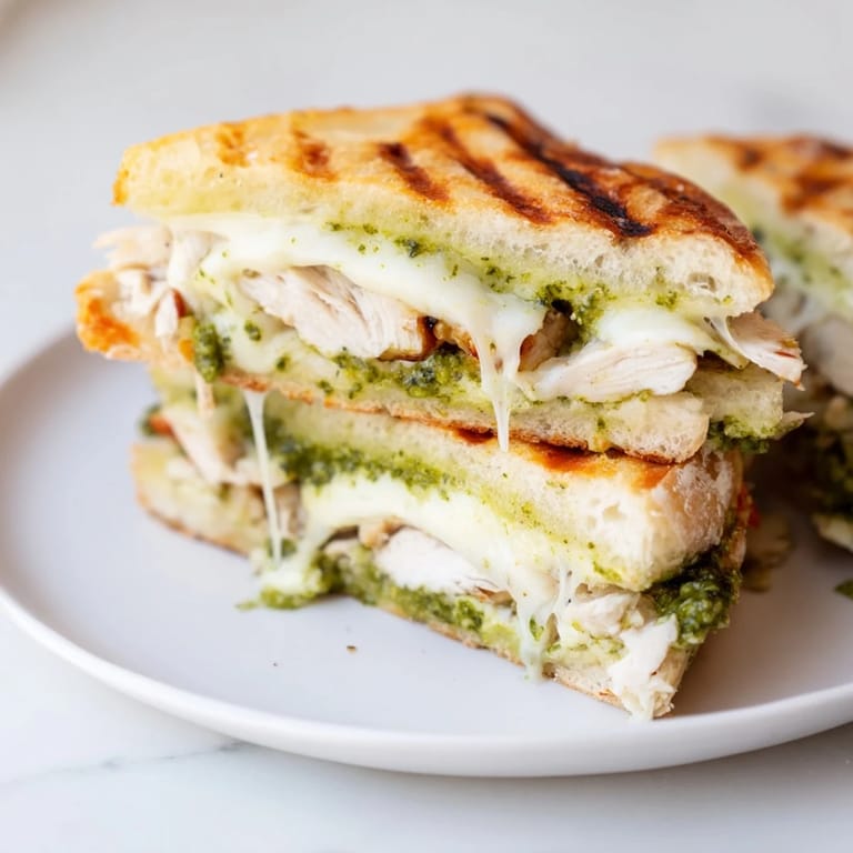 Sliced open to reveal layers of chicken, mozzarella, and pesto, this Chicken Pesto Panini is garnished with fresh baby spinach.