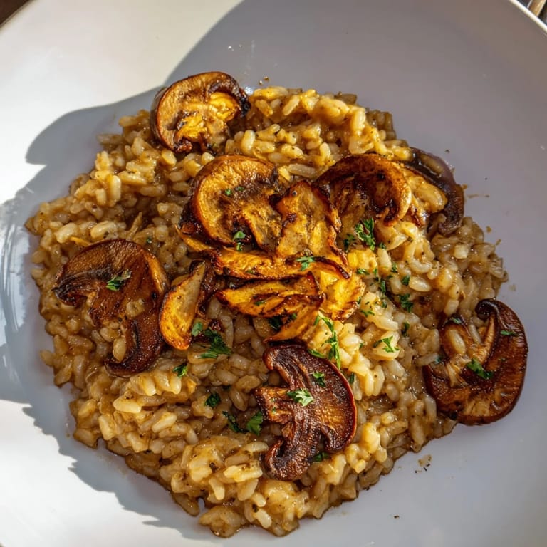A comforting serving of Roasted Mushroom Risotto, steaming beside a glass of crisp white wine.