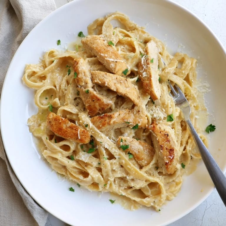 Sizzling Cajun chicken slices are piled atop fettuccine, with a side of garlic bread and a glass of white wine.