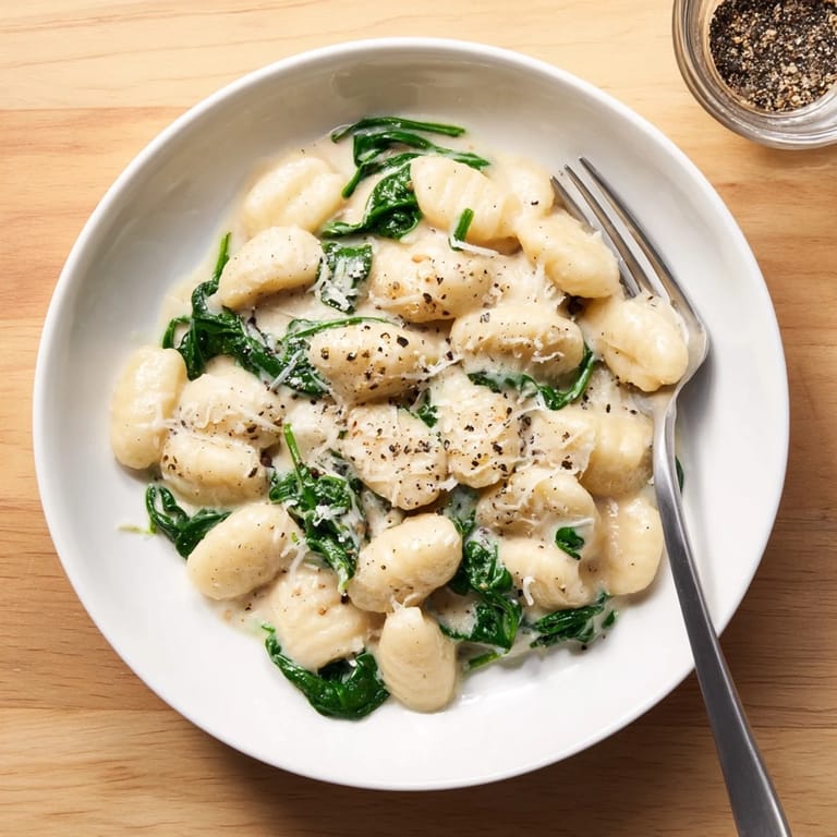 Comforting Creamy Garlic Gnocchi in a skillet, highlighting golden-brown edges and a thick, savory garlic cream coating.