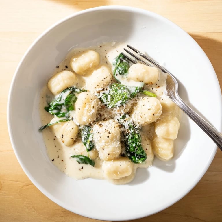 A close-up of Creamy Garlic Gnocchi tossed in a luscious Parmesan sauce, garnished with black pepper and fresh spinach.