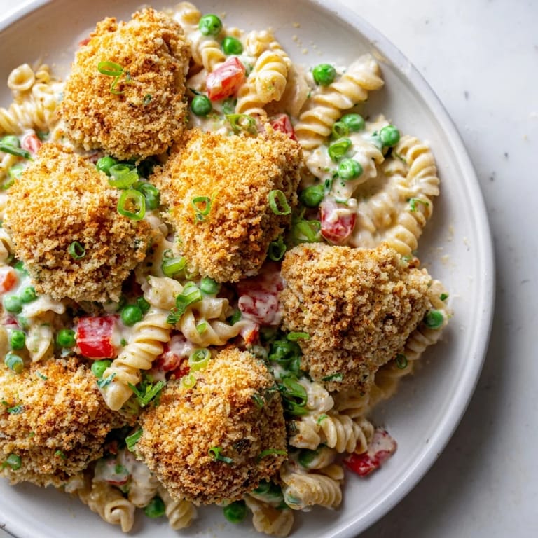 A hearty bowl of Crispy Chicken Ranch Pasta Salad garnished with fresh dill, perfect for a satisfying lunch or picnic.
