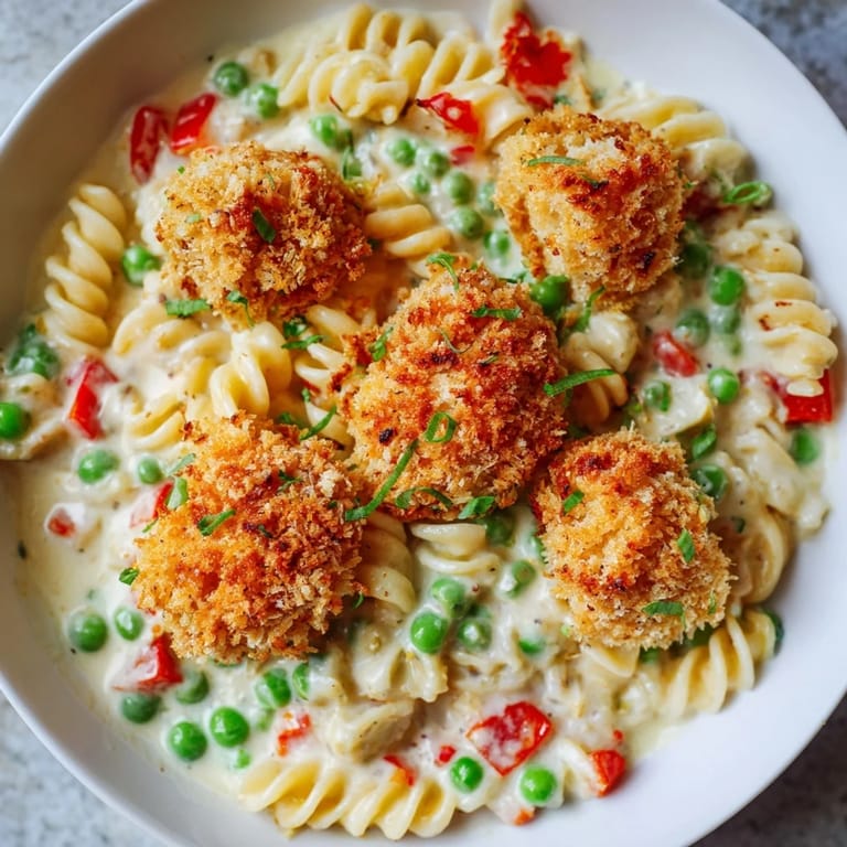 Tender pasta salad featuring crispy chicken bites, fresh green onions, and vibrant vegetables tossed in a homemade ranch dressing.