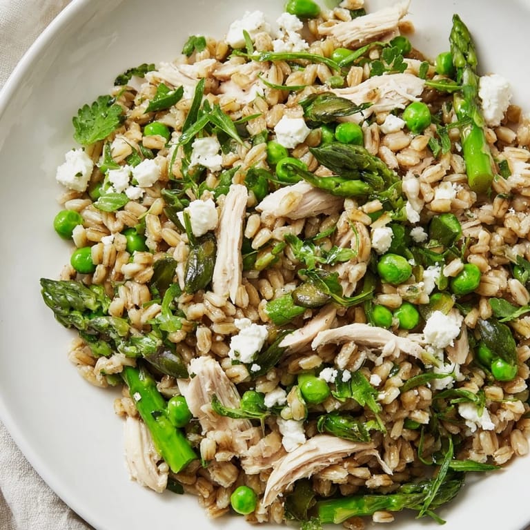 A wholesome bowl of Warm Spring Farro Chicken Salad features golden chicken, bright peas, and asparagus over a bed of hearty grains.