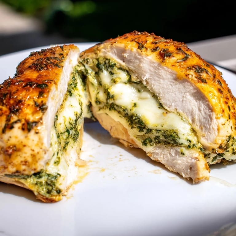 Perfectly cooked Mozzarella & Pesto Stuffed Chicken with a crispy Parmesan crust, revealing a vibrant green pesto and melted mozzarella center.