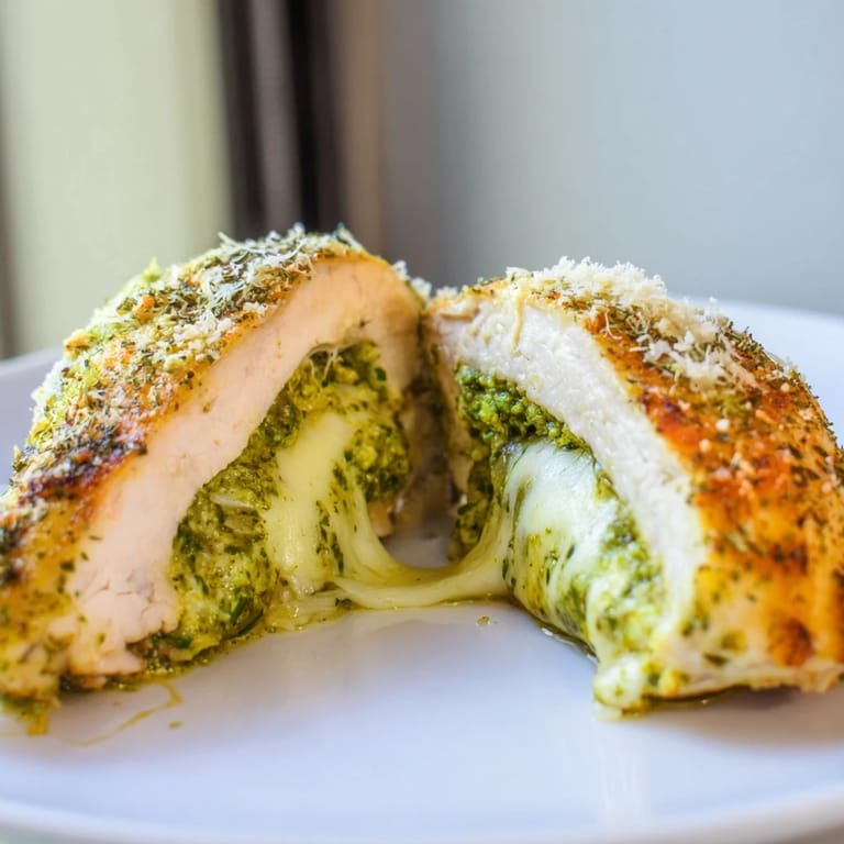 Baked Mozzarella & Pesto Stuffed Chicken on a white plate, garnished with fresh basil, served alongside roasted tomatoes and green beans.