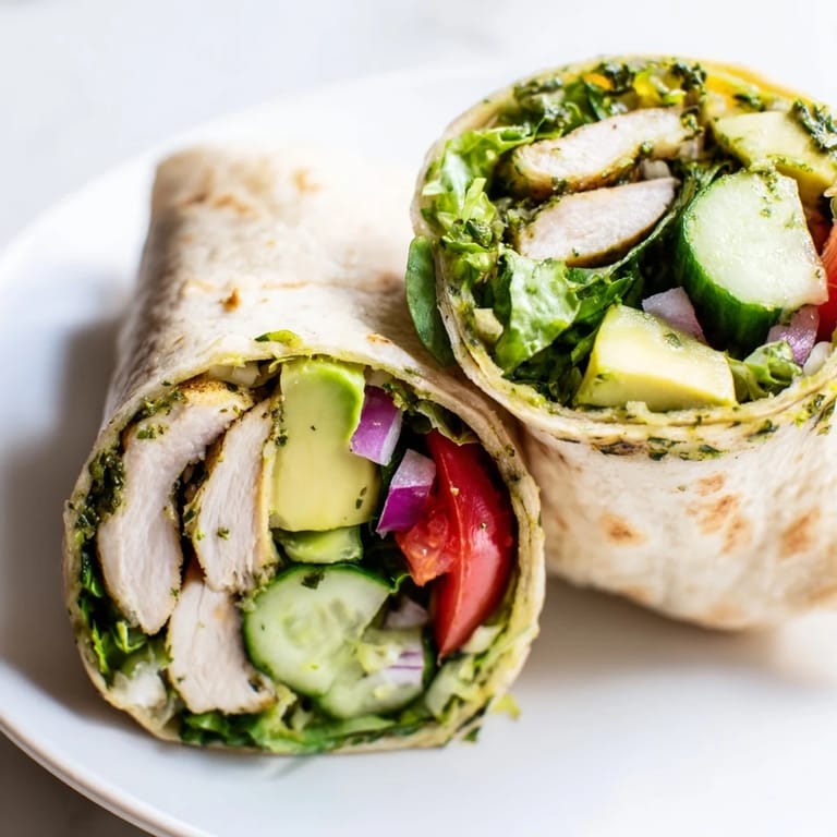 Juicy chimichurri-marinated chicken slices layered with tomato, cucumber, and red onion inside a warm Chimichurri Chicken Salad Wrap, drizzled with bright, herb-packed sauce.