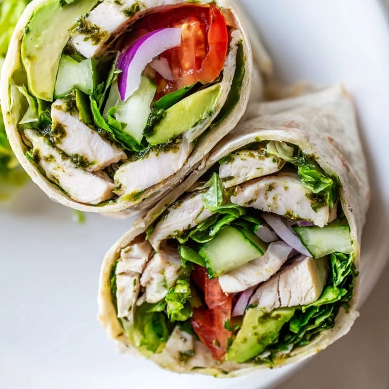A vibrant Chimichurri Chicken Salad Wrap cut in half on a plate, showing colorful greens, ripe avocado, and tender chicken with chimichurri sauce for an easy weeknight meal.