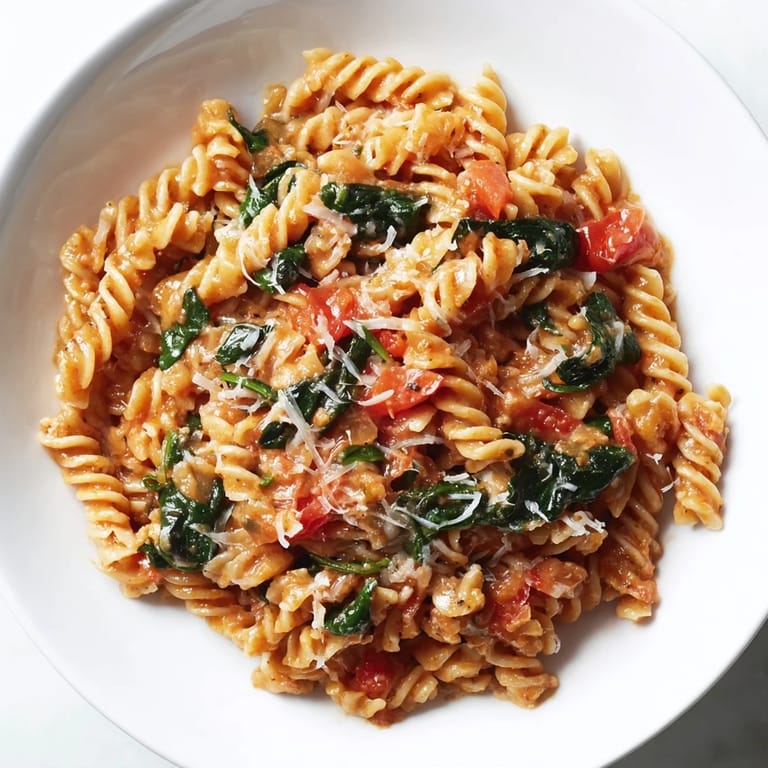 Easy one-pot meal featuring Tomato Spinach One-Pot Rotini with vibrant tomatoes and tender spinach leaves.