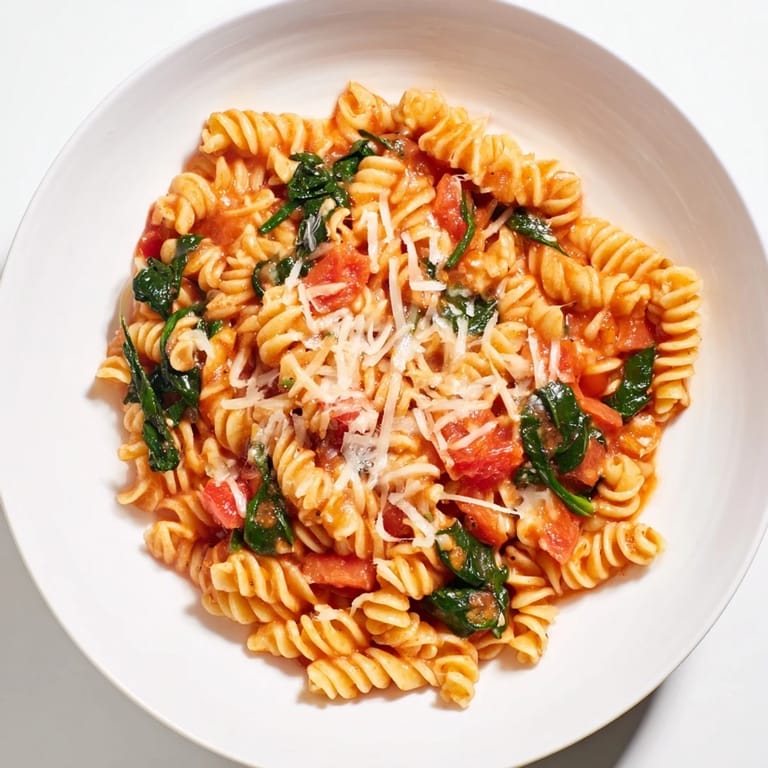 Colorful bowl of Tomato Spinach One-Pot Rotini topped with melted Parmesan and crusty bread on the side.  