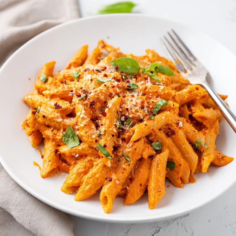 Close-up of creamy roasted red pepper pasta topped with basil and extra Parmesan, served alongside a crisp green salad for a balanced dinner.