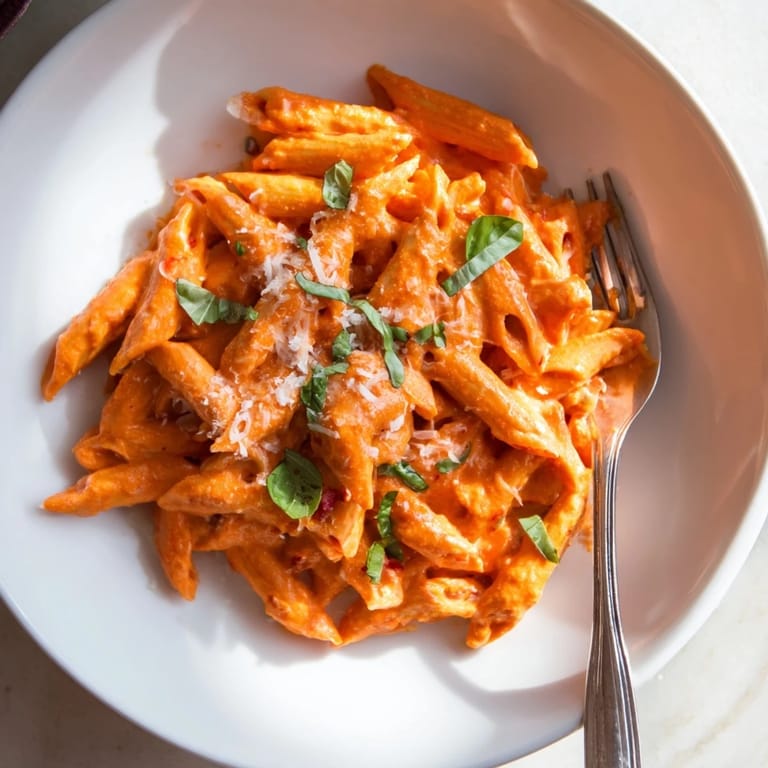 A skillet of steaming creamy roasted red pepper pasta, with tender penne coated in a smooth, smoky sauce and bright red pepper flecks.  