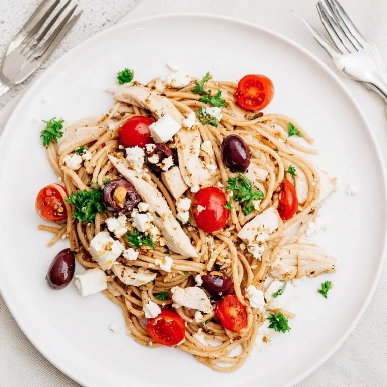 Serving suggestion for Greek Chicken Spaghetti, featuring a colorful mix of grilled chicken, cherry tomatoes, and olives on a plate.