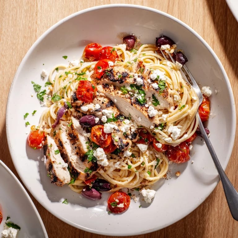 A close-up of Greek Chicken Spaghetti showcases juicy tomatoes, briny olives, and creamy feta mixed into al dente pasta.  