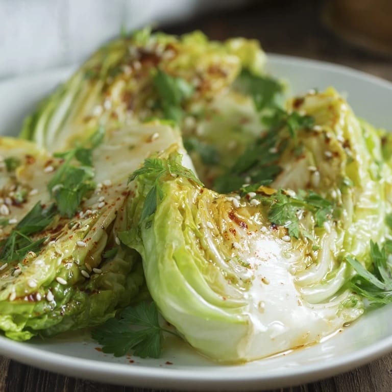 Vibrant roasted cabbage wedges topped with tahini sauce and herbs on a rustic wooden serving platter.