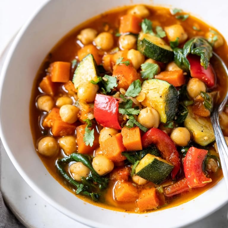 A top-down view of a large pot filled with fresh vegetable ingredients for Spicy Chickpea Stew.