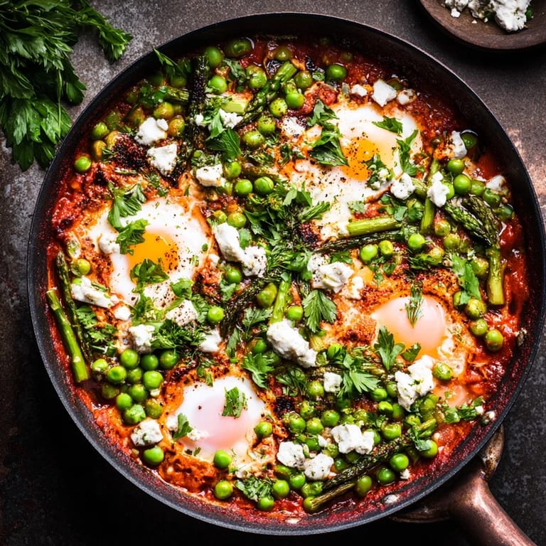 Fresh peas and asparagus in a pea and broad bean shakshuka, poached in a spiced tomato sauce with runny yolks, ideal for a spring main.