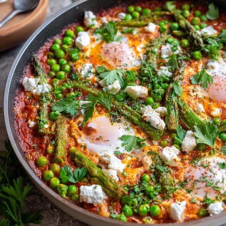 Colorful spring pea and broad bean shakshuka topped with crumbled feta and parsley, ready to serve with crusty bread for a sharing meal.