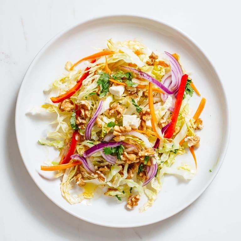 A close-up of the Cooked and Loved Cabbage Salad, showcasing the tender cabbage, crisp vegetables, and a sprinkle of herbs against a rustic background.