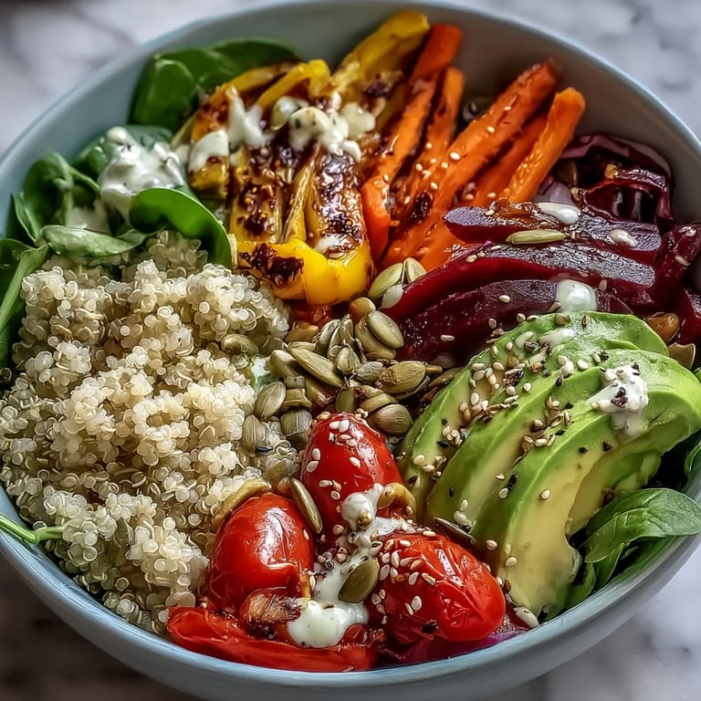 In this Rainbow Buddha Bowl With Quinoa, colorful veggies like cherry tomatoes and yellow bell pepper sit atop fluffy quinoa, garnished with sesame seeds for a wholesome meal.
