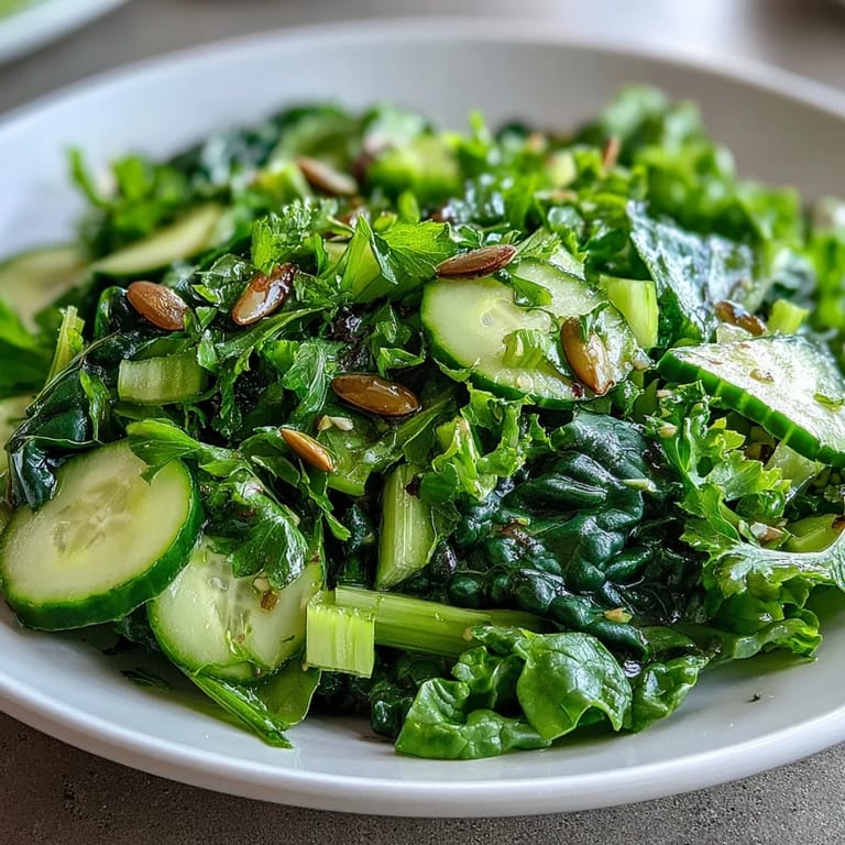 Colorful Glowing Green Salad featuring garden-fresh ingredients and healthy vinaigrette.