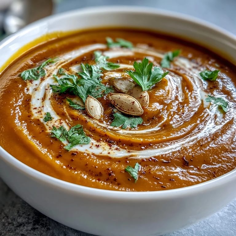 Silky smooth roasted butternut squash soup served warm in a rustic bowl with fresh herbs.