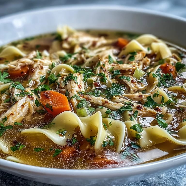 Comforting bowl of homemade Chicken and Noodle Soup garnished with fresh parsley and lemon, served alongside crusty bread.