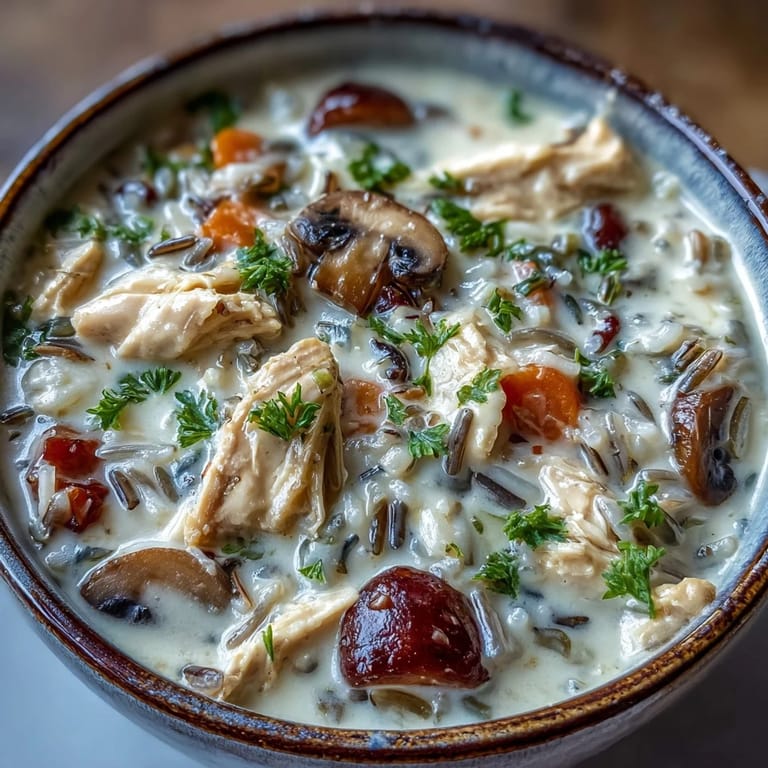 A comforting bowl of Parmesan Mushroom Chicken and Wild Rice Soup served beside crusty artisan bread.