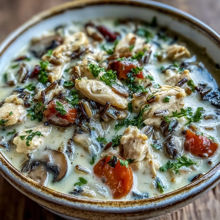 Spoon lifting creamy Parmesan Mushroom Chicken and Wild Rice Soup revealing tender chicken, mushrooms, and wild rice.
