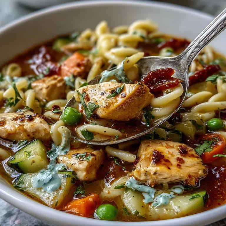 Serving suggestion for Pasta Soup With Chicken and Vegetables, garnished with fresh parsley and grated Parmesan alongside crusty bread.