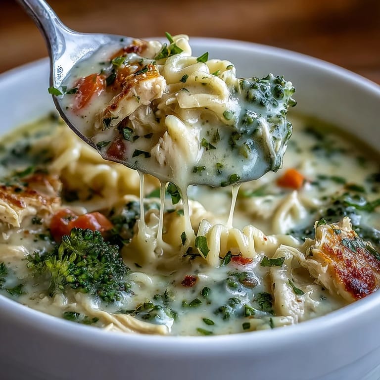 Ladle of homemade Best Chicken Broccoli Cheddar Soup served with crusty bread, showcasing tender broccoli and shredded chicken.